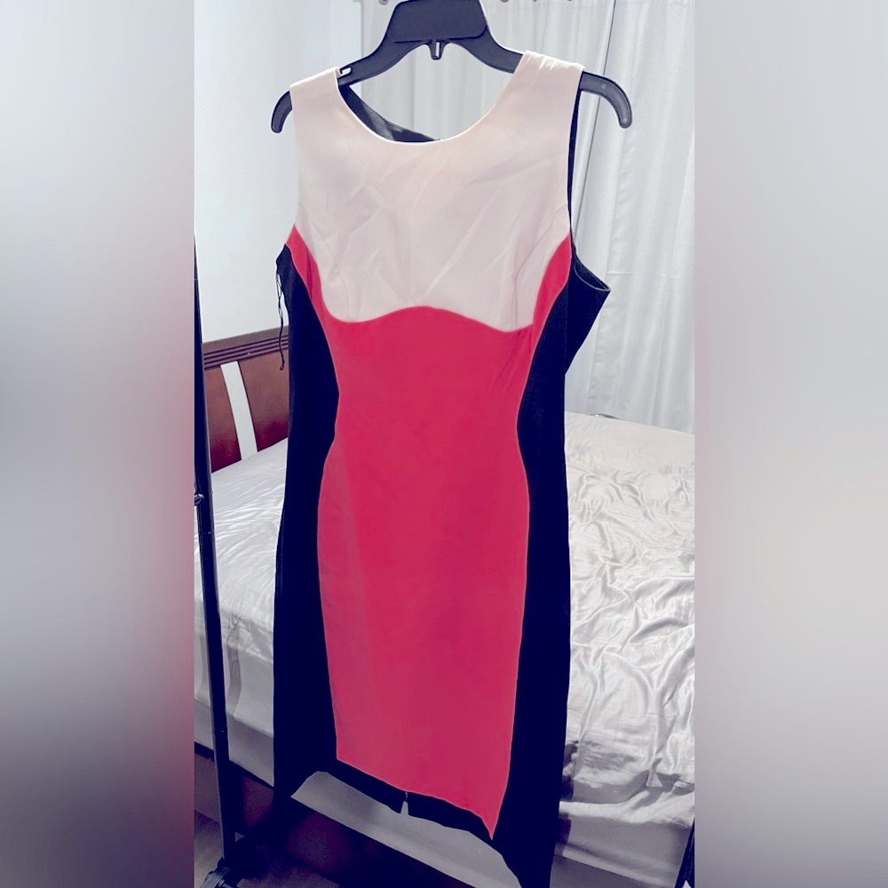 Color block dress • Blocks of solid color that creates a slim contrast • Sheath